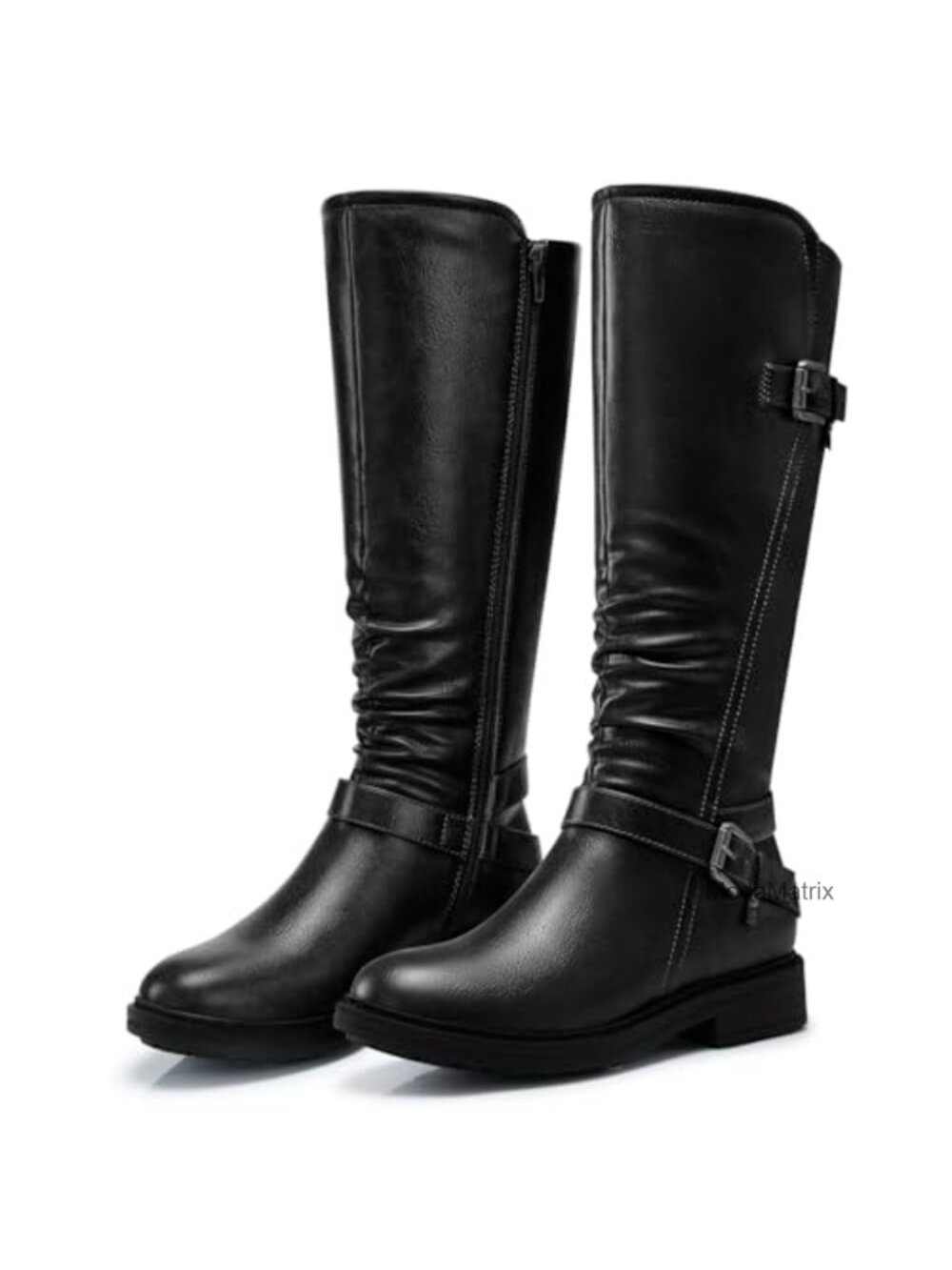 Faux Leather Knee High Boots Low Heel Round Toe Wide Calf Tall Zip
